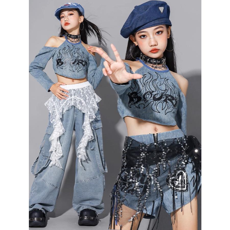 ヒップホップ ダンス衣装 ガールズ K-POP 韓国 デニム キッズダンス