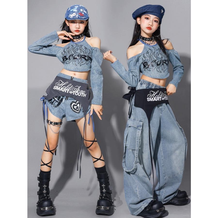 ヒップホップ ダンス衣装 ガールズ K-POP 韓国 デニム キッズダンス