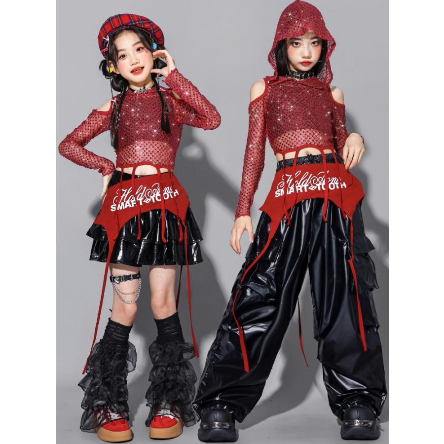 ダンス衣装 ガールズ 赤 黒 衣装 派手 K-POP 韓国 ジャズ セットアップ スパンコール キラキラ衣装 へそ出し トップス レザーパンツ スカート 子供ダンス服 |  | 10