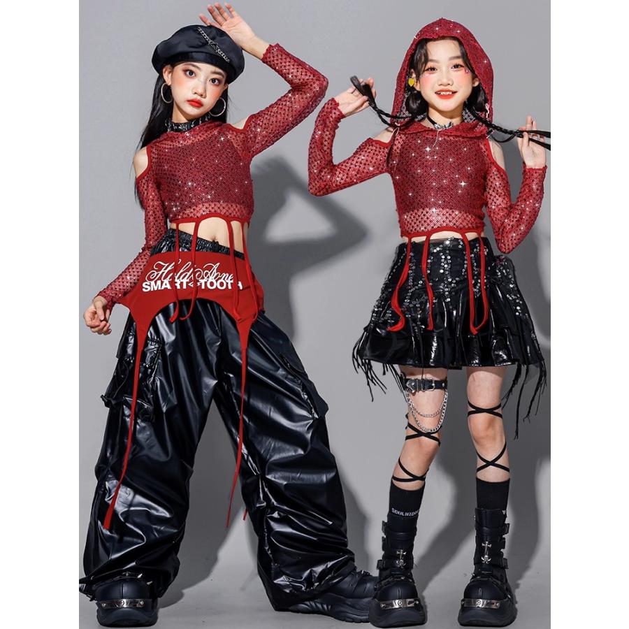 ダンス衣装 ガールズ 赤 黒 衣装 派手 K-POP 韓国 ジャズ セットアップ スパンコール キラキラ衣装 へそ出し トップス レザーパンツ スカート 子供ダンス服 |  | 11