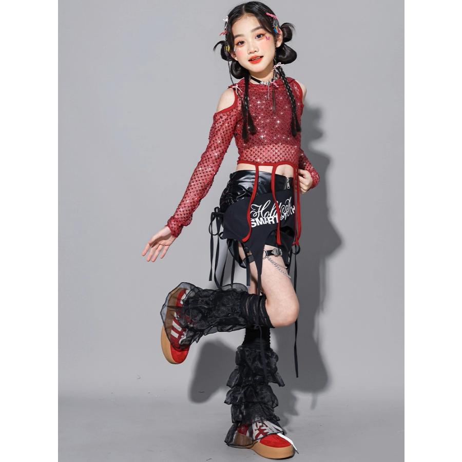 ダンス衣装 ガールズ 赤 黒 衣装 派手 K-POP 韓国 ジャズ セットアップ スパンコール キラキラ衣装 へそ出し トップス レザーパンツ スカート 子供ダンス服 |  | 12