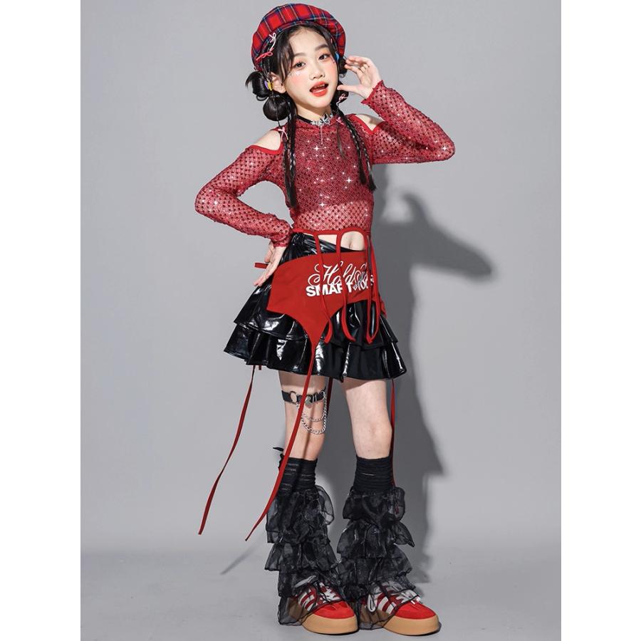 ダンス衣装 ガールズ 赤 黒 衣装 派手 K-POP 韓国 ジャズ セットアップ スパンコール キラキラ衣装 へそ出し トップス レザーパンツ スカート 子供ダンス服 |  | 13
