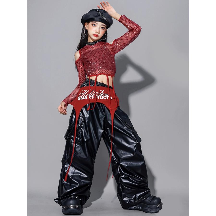 ダンス衣装 ガールズ 赤 黒 衣装 派手 K-POP 韓国 ジャズ セットアップ スパンコール キラキラ衣装 へそ出し トップス レザーパンツ スカート 子供ダンス服 |  | 14