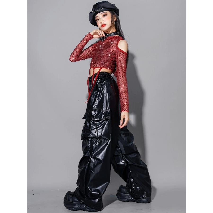ダンス衣装 ガールズ 赤 黒 衣装 派手 K-POP 韓国 ジャズ セットアップ スパンコール キラキラ衣装 へそ出し トップス レザーパンツ スカート 子供ダンス服 |  | 15