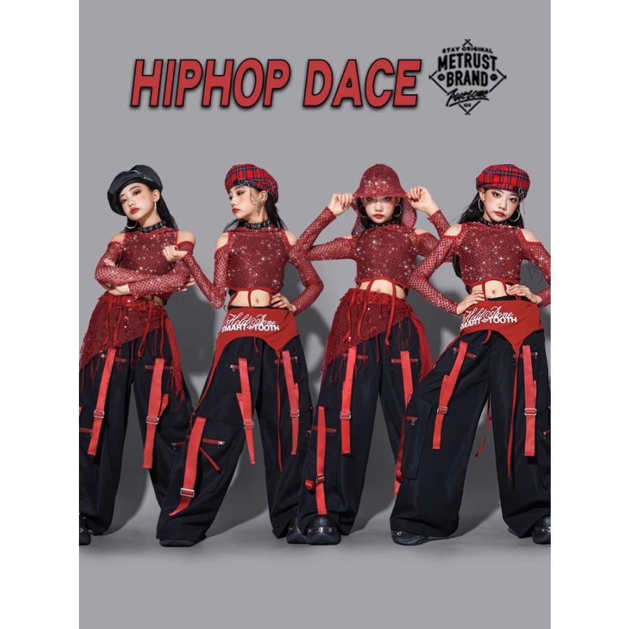 ダンス衣装 ガールズ 赤 黒 衣装 派手 K-POP 韓国 ジャズ セットアップ スパンコール キラキラ衣装 へそ出し トップス レザーパンツ スカート 子供ダンス服 |  | 01