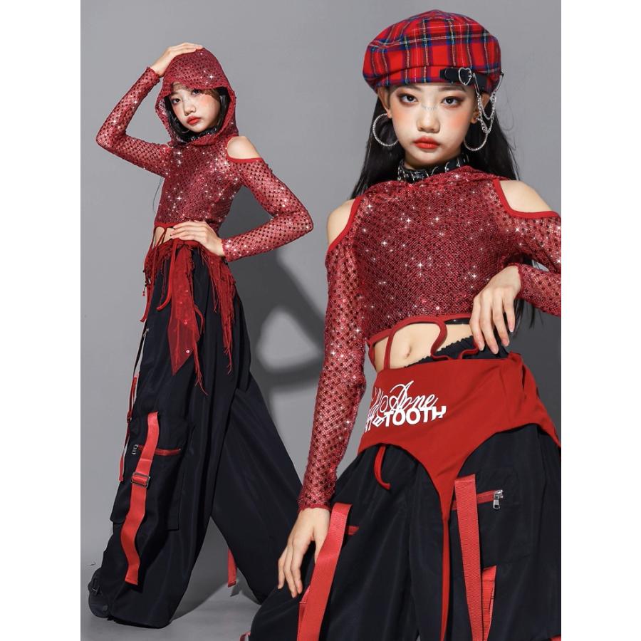 ダンス衣装 ガールズ 赤 黒 衣装 派手 K-POP 韓国 ジャズ セットアップ スパンコール キラキラ衣装 へそ出し トップス レザーパンツ スカート 子供ダンス服 |  | 02