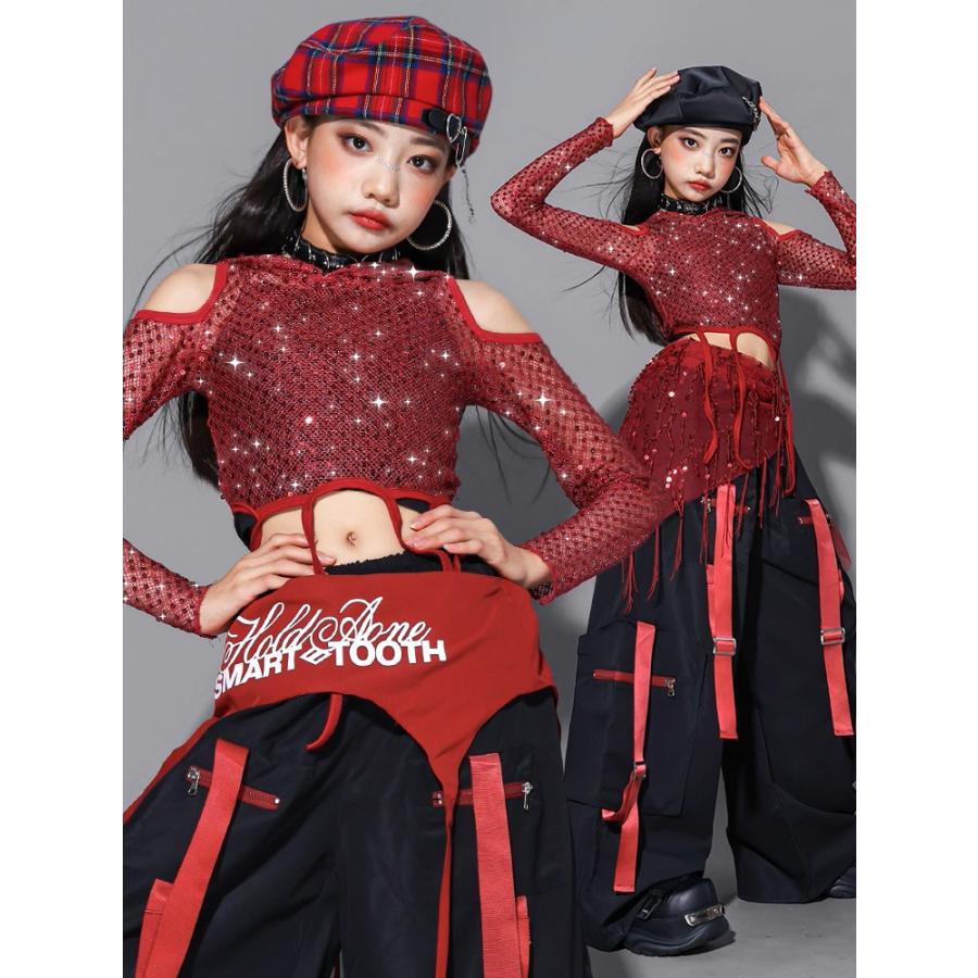 ダンス衣装 ガールズ 赤 黒 衣装 派手 K-POP 韓国 ジャズ セットアップ スパンコール キラキラ衣装 へそ出し トップス レザーパンツ スカート 子供ダンス服 |  | 03