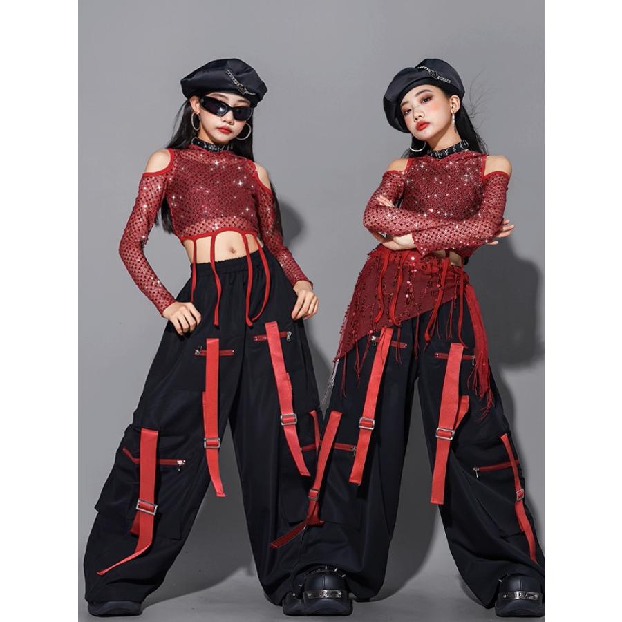 ダンス衣装 ガールズ 赤 黒 衣装 派手 K-POP 韓国 ジャズ セットアップ スパンコール キラキラ衣装 へそ出し トップス レザーパンツ スカート 子供ダンス服 |  | 04