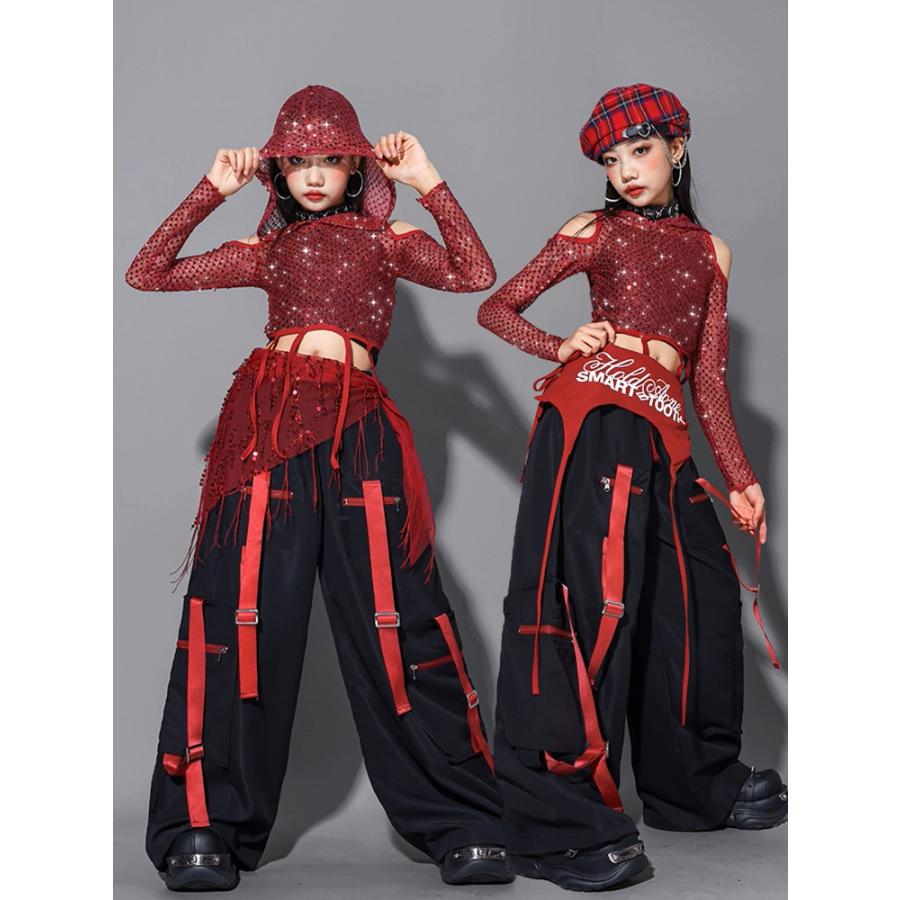 ダンス衣装 ガールズ 赤 黒 衣装 派手 K-POP 韓国 ジャズ セットアップ スパンコール キラキラ衣装 へそ出し トップス レザーパンツ スカート 子供ダンス服 |  | 05