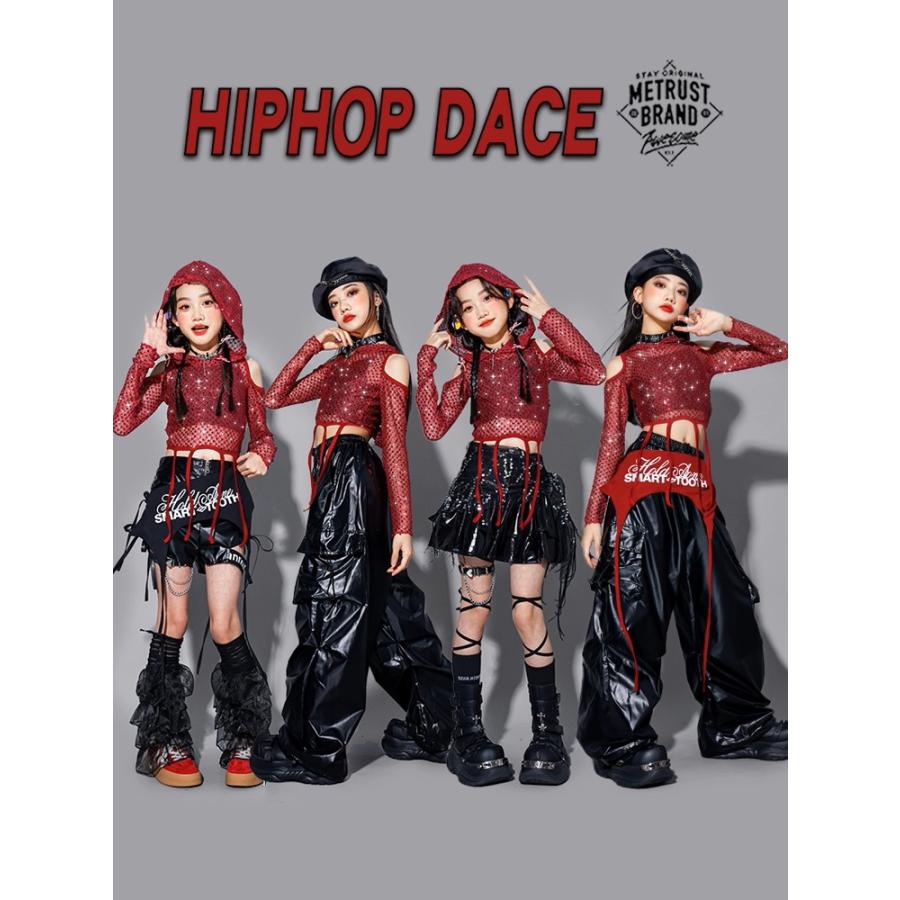 ダンス衣装 ガールズ 赤 黒 衣装 派手 K-POP 韓国 ジャズ セットアップ スパンコール キラキラ衣装 へそ出し トップス レザーパンツ スカート 子供ダンス服 |  | 07