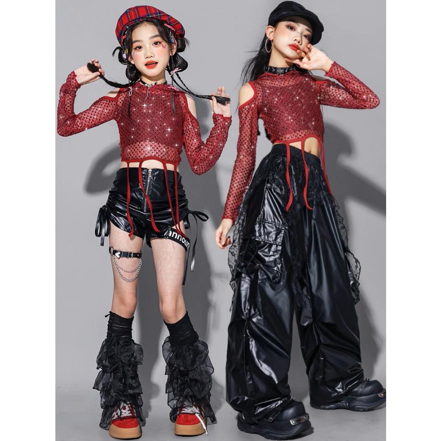 ダンス衣装 ガールズ 赤 黒 衣装 派手 K-POP 韓国 ジャズ セットアップ スパンコール キラキラ衣装 へそ出し トップス レザーパンツ スカート 子供ダンス服 |  | 09