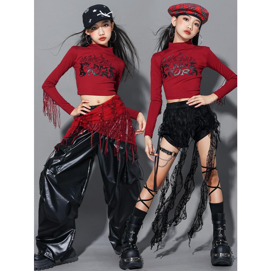 ベリーダンス セットアップ 赤黒花柄 HANANデザイン ダンス衣装 キッズ セットアップ 赤 黒 チアダンス ガールズ ヒップ