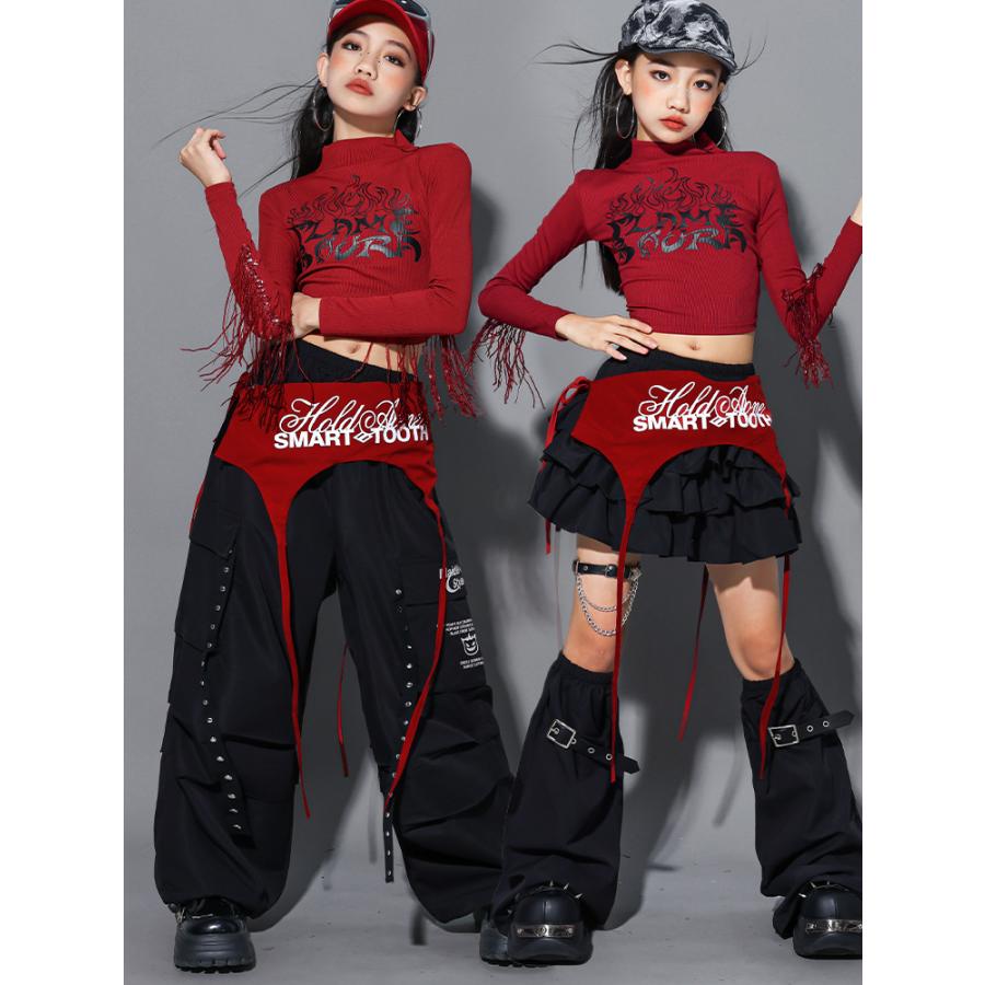 ダンス衣装 キッズ セットアップ 赤 黒 チアダンス ガールズ ヒップ