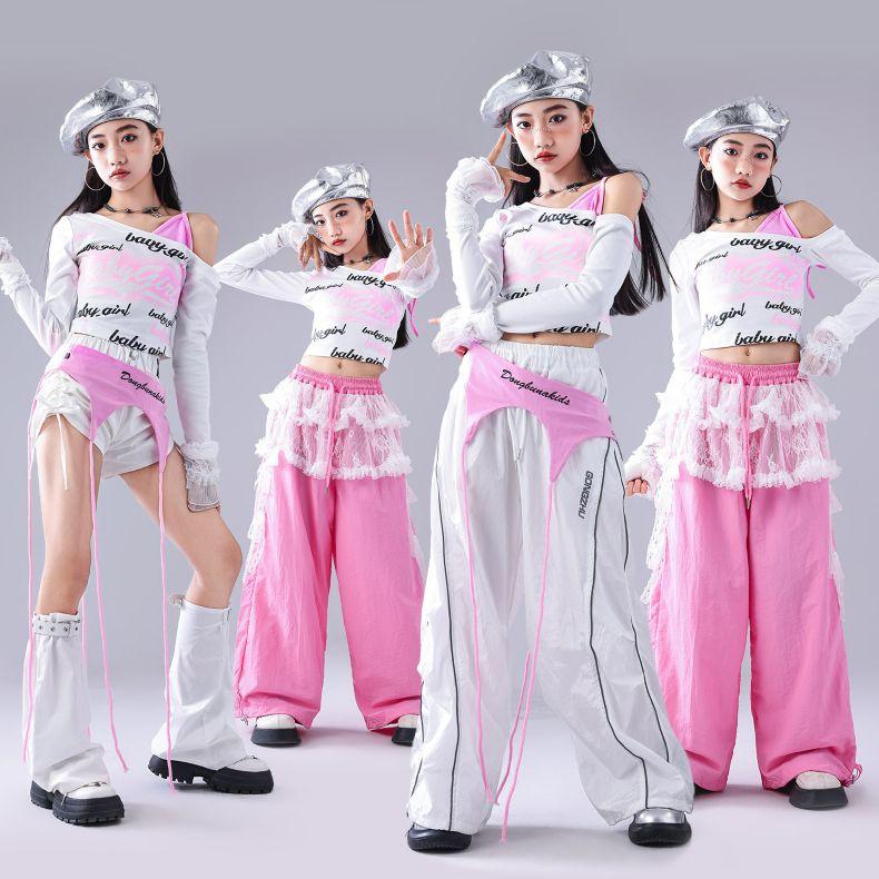 ダンス衣装 キッズ セットアップ 派手 ピンク 白 K-POP 韓国 ガールズ