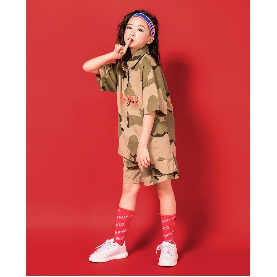 けいちゃん【美品】Phenix 迷彩柄ジャケットとレッドパンツセット キッズ ヒップホップ ダンス衣装 ファッション セットアップ 韓国 迷彩