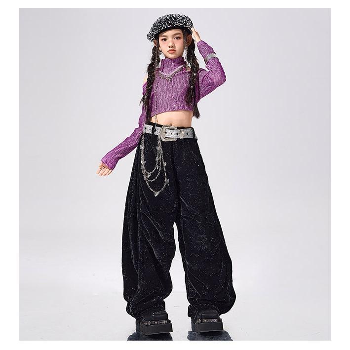 ダンス衣装 キッズ セットアップ 紫 黒 ジャズ ガールズ ヒップホップ