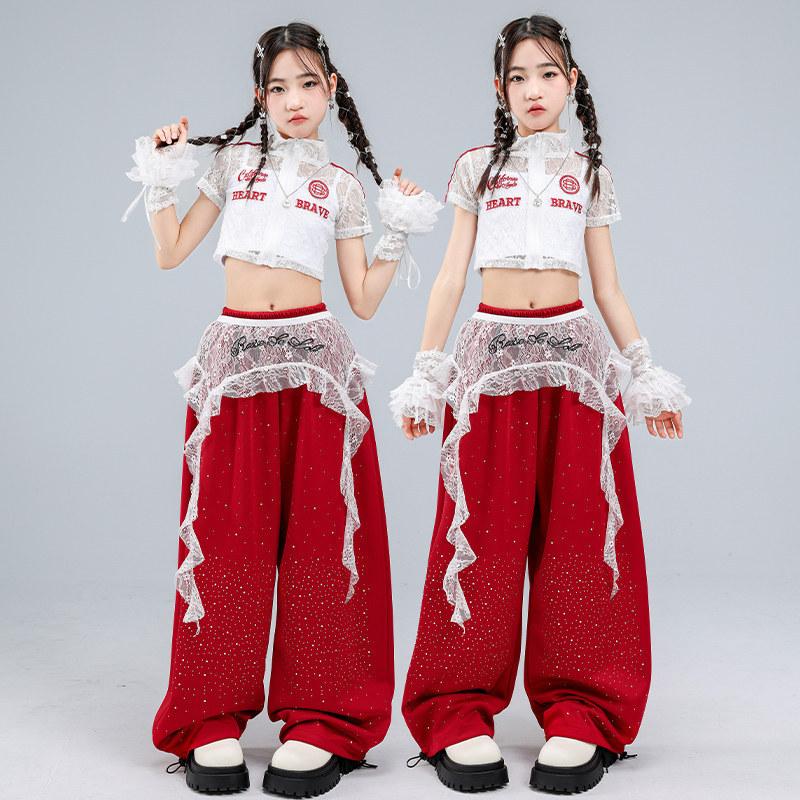 【お値下げ】子ども用セットアップ★白赤ドット&ファルダ赤＋シージョ キッズ ダンス衣装 セットアップ ガールズ ヒップホップ かっこいい