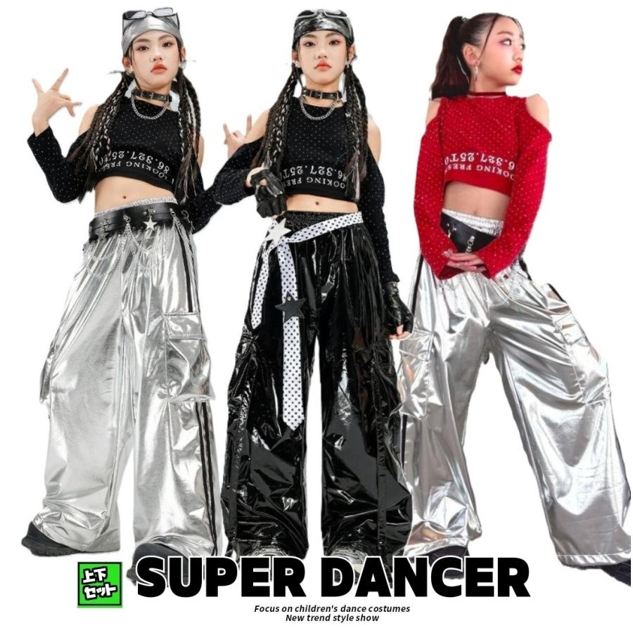 ダンス衣装 ガールズ 衣装 かっこいい 黒 赤 シルバー メタリック K