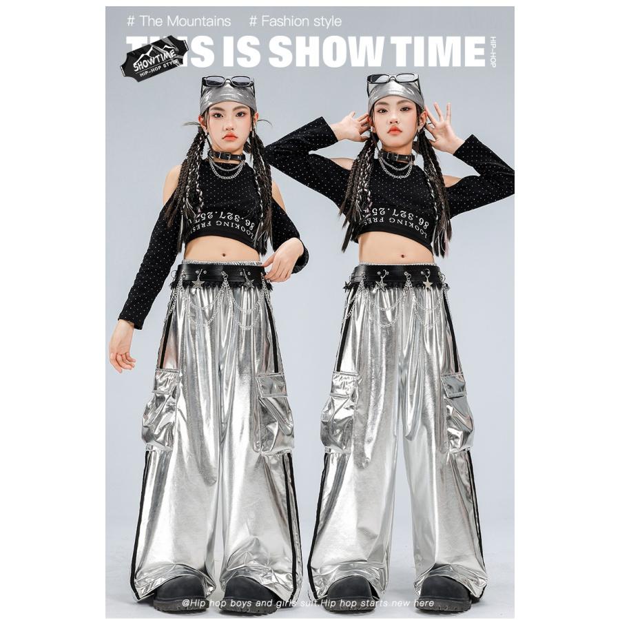 ベリーダンス セットアップ シルバー ブラック ダンス衣装 ガールズ 衣装 かっこいい 黒 赤 シルバー メタリック K