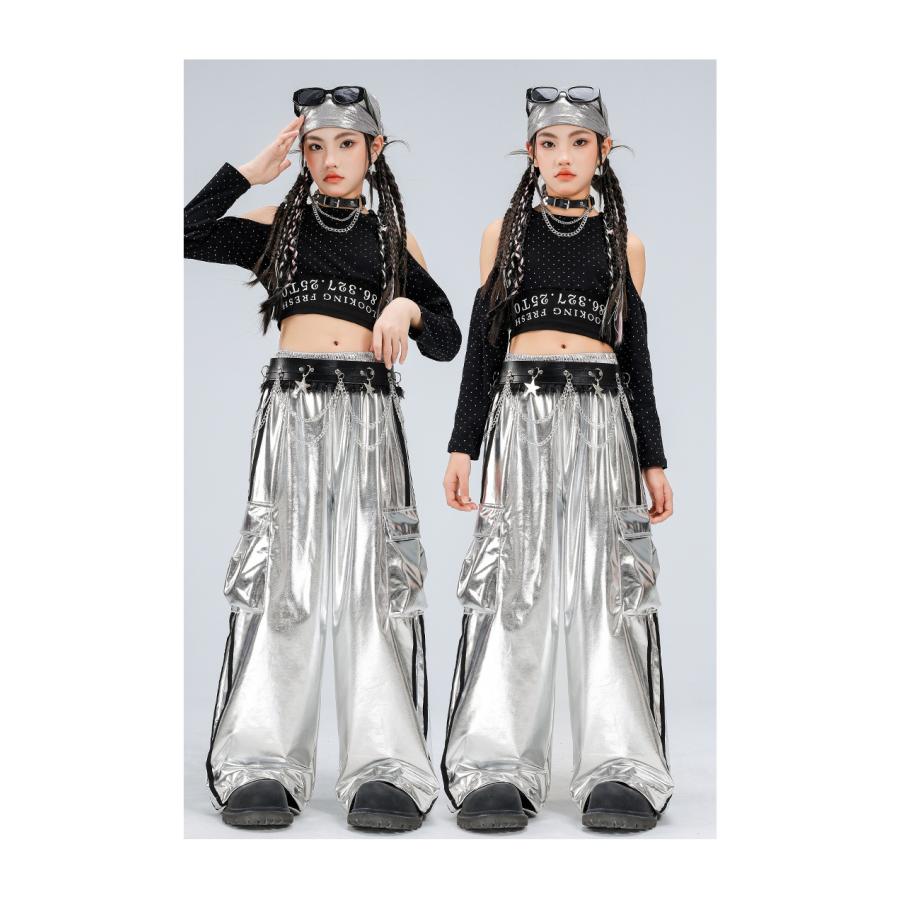 ダンス衣装 ガールズ 衣装 かっこいい 黒 赤 シルバー メタリック K