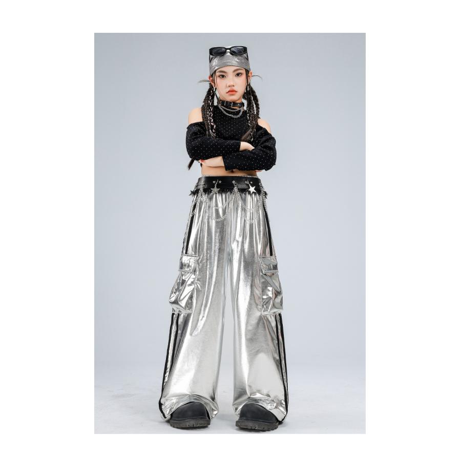 ダンス衣装 ガールズ 衣装 かっこいい 黒 赤 シルバー メタリック K