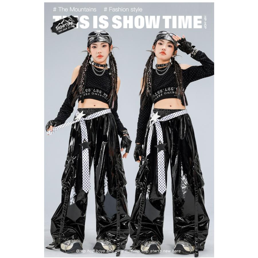 ダンス衣装 ガールズ 衣装 かっこいい 黒 赤 シルバー メタリック K