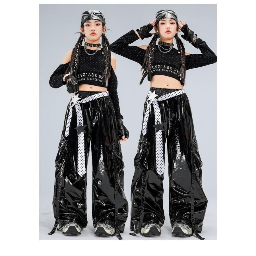 ダンス衣装 ガールズ 衣装 かっこいい 黒 赤 シルバー メタリック K