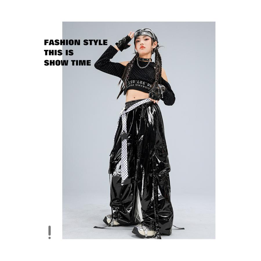 ダンス衣装 ガールズ 衣装 かっこいい 黒 赤 シルバー メタリック K