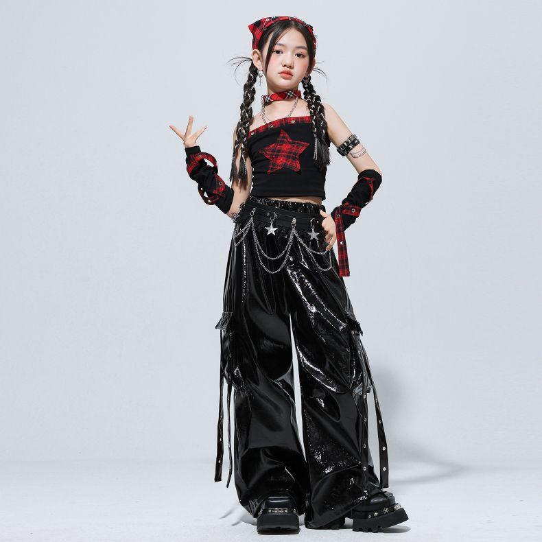 ダンス衣装 セットアップ 黒 赤 チェック柄 ガールズ ヒップホップ