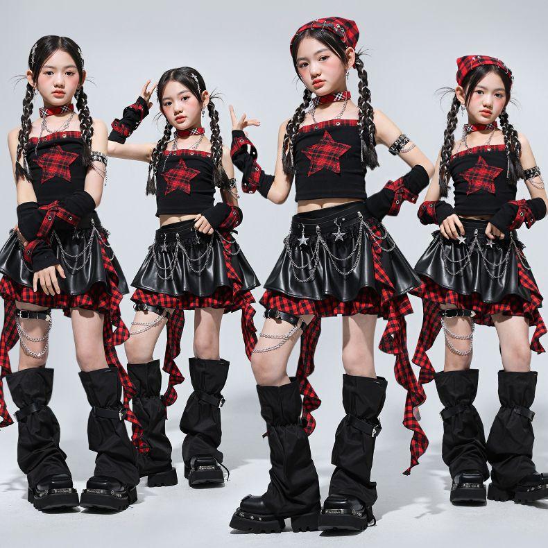 ダンス衣装 セットアップ 黒 赤 チェック柄 ガールズ ヒップホップ