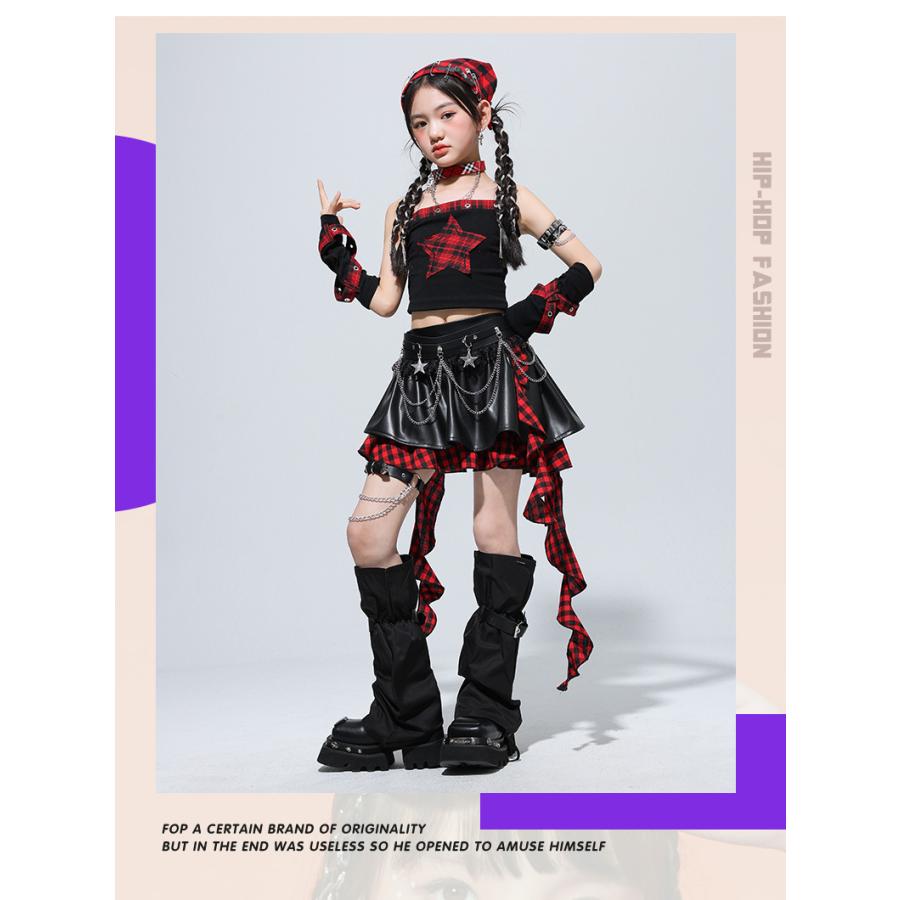 ダンス衣装 セットアップ 黒 赤 チェック柄 ガールズ ヒップホップ
