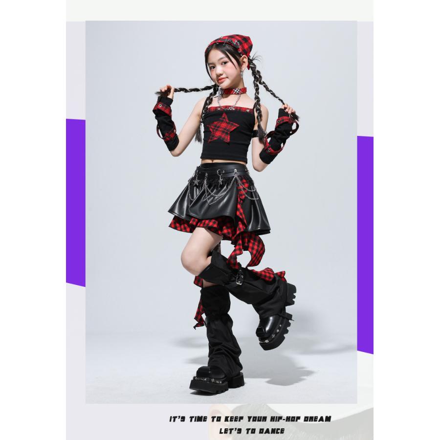 ダンス衣装 セットアップ 黒 赤 チェック柄 ガールズ ヒップホップ