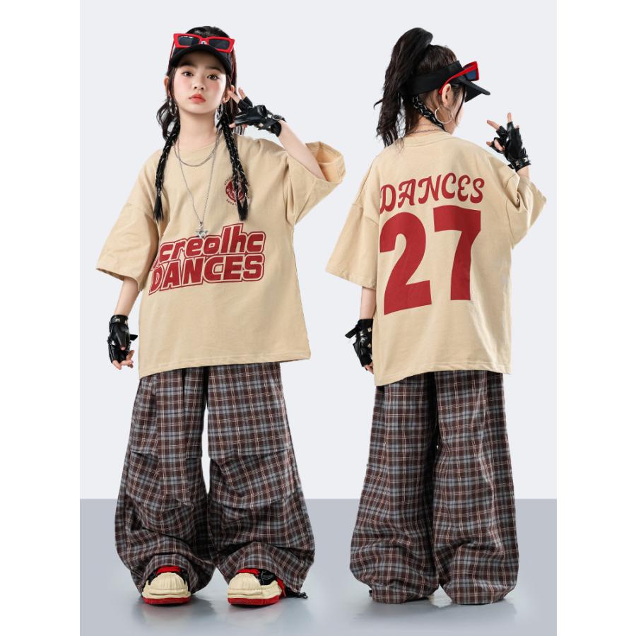 レトロ 洋服ダンス キッズダンス衣装 セットアップ ナンバリングTシャツ チェックパンツ
