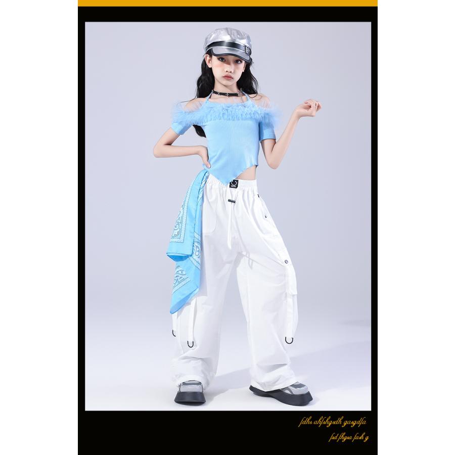 青いフリル付きダンス衣装 ダンス衣装 ガールズ 衣装 水色 白 K-POP 韓国 ジャズ キッズダンス