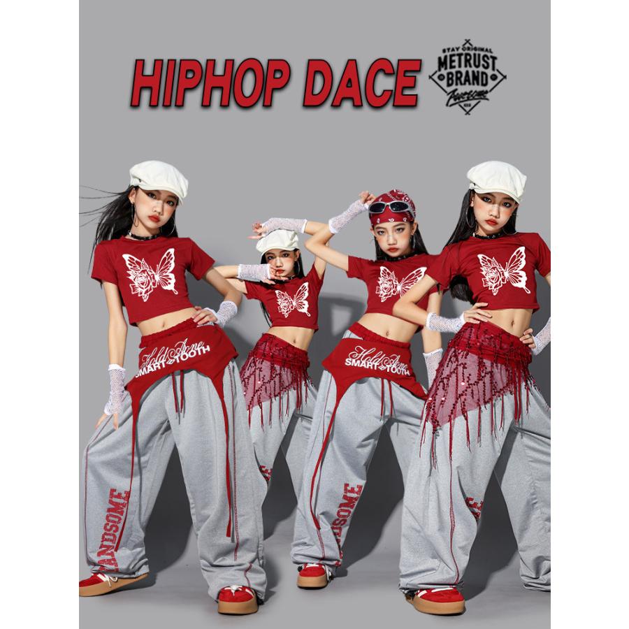 ヒップホップ ダンス衣装 ガールズ K-POP 韓国 グレー レッド キッズ