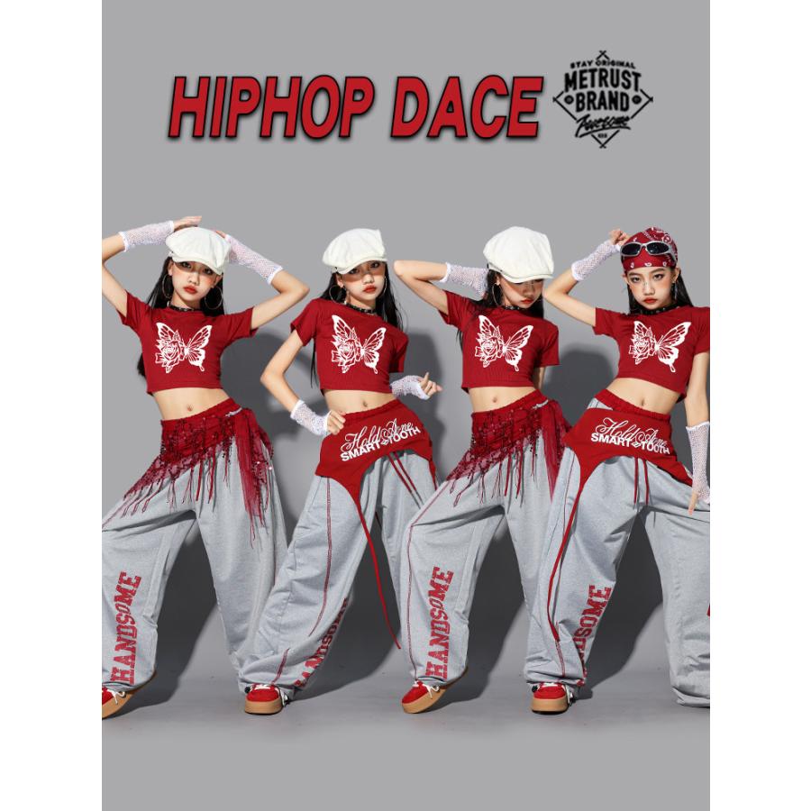ヒップホップ ダンス衣装 ガールズ K-POP 韓国 グレー レッド キッズ