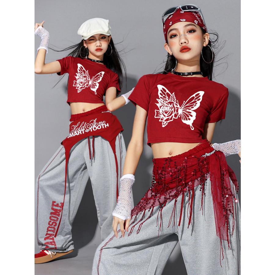 ヒップホップ ダンス衣装 ガールズ K-POP 韓国 グレー レッド キッズ