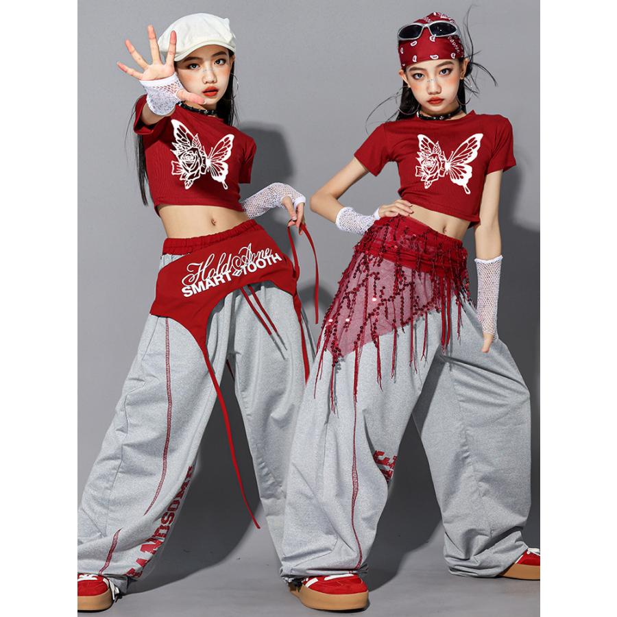 ヒップホップ ダンス衣装 ガールズ K-POP 韓国 グレー レッド キッズ