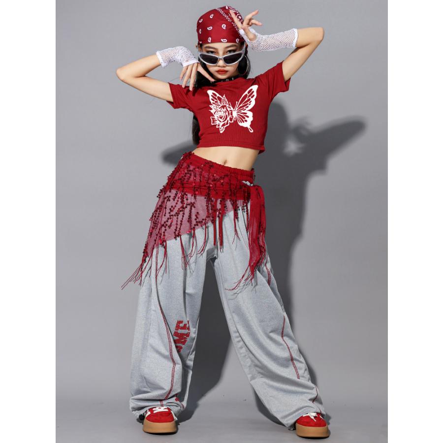 赤のビーズ装飾ダンス衣装 フルセット ヒップホップ ダンス衣装 ガールズ K-POP 韓国 グレー レッド キッズ