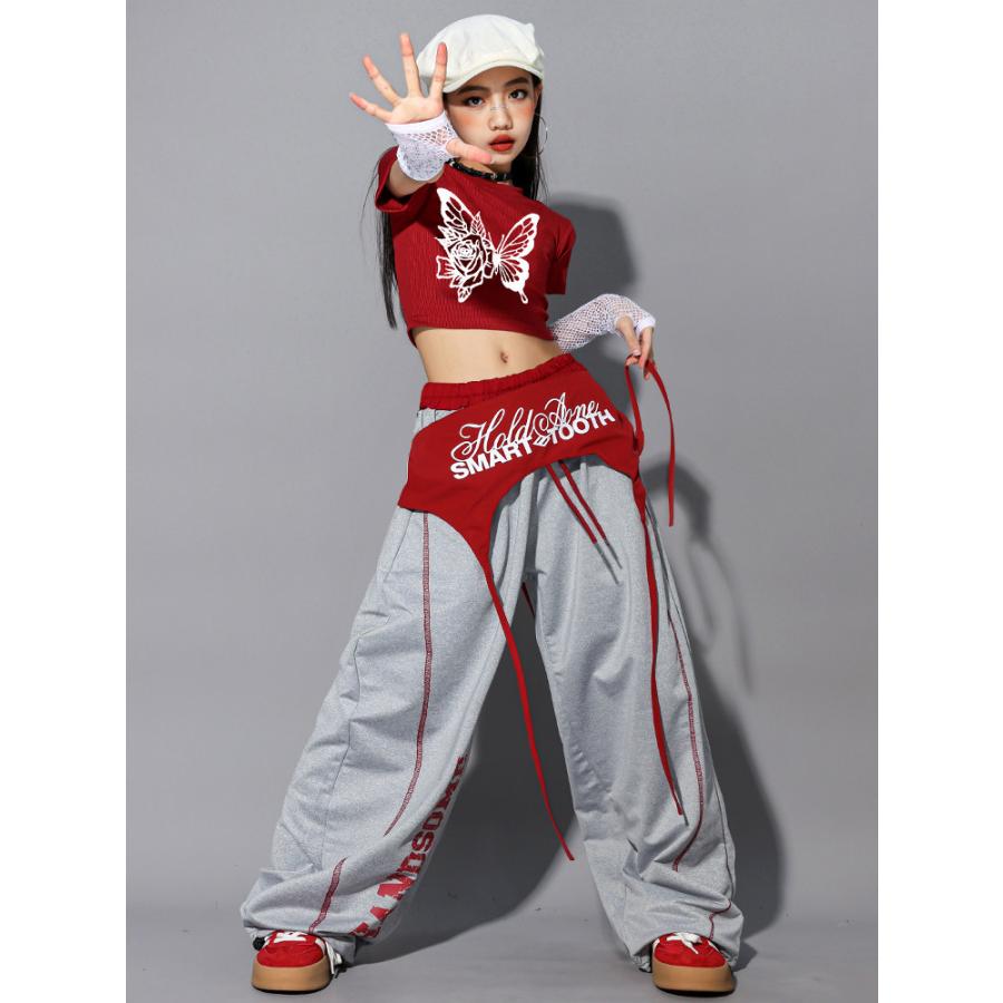 ベリーダンス衣装 セットアップ レッド×シルバー ヒップホップ ダンス衣装 ガールズ K-POP 韓国 グレー レッド キッズ