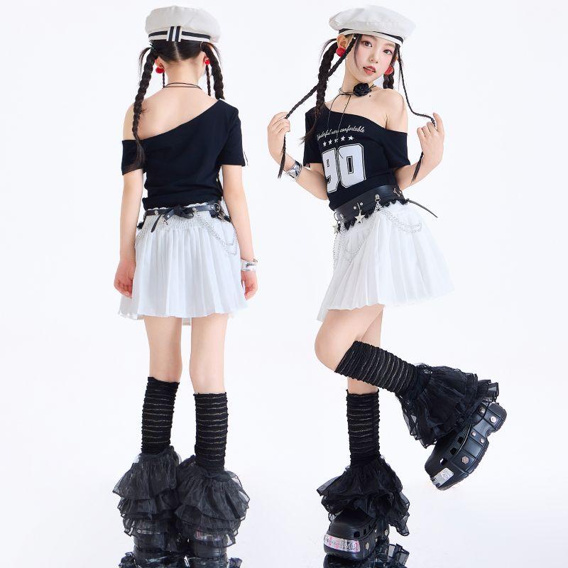 キッズ ダンス衣装 ガールズ 斜め肩出し アシンメトリートップス