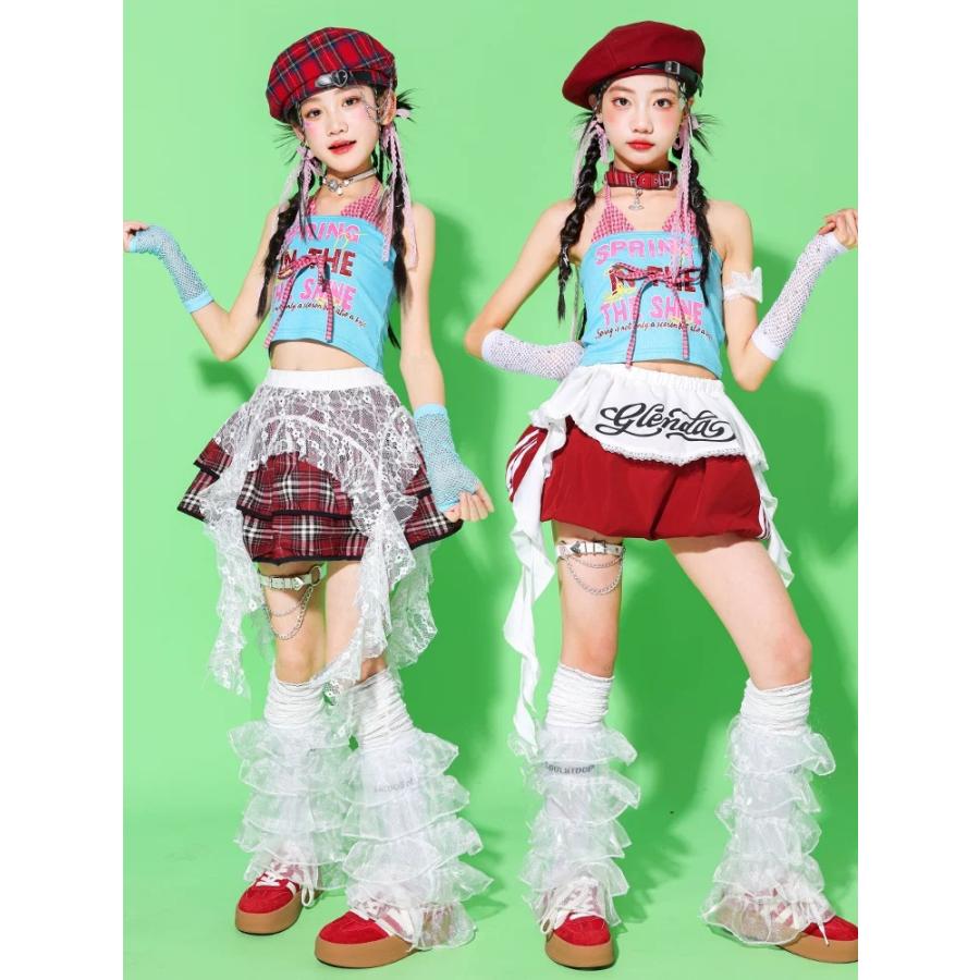 ガールズ ヒップホップ 衣装 水色 赤 K-POP 韓国 チアダンス ダンス