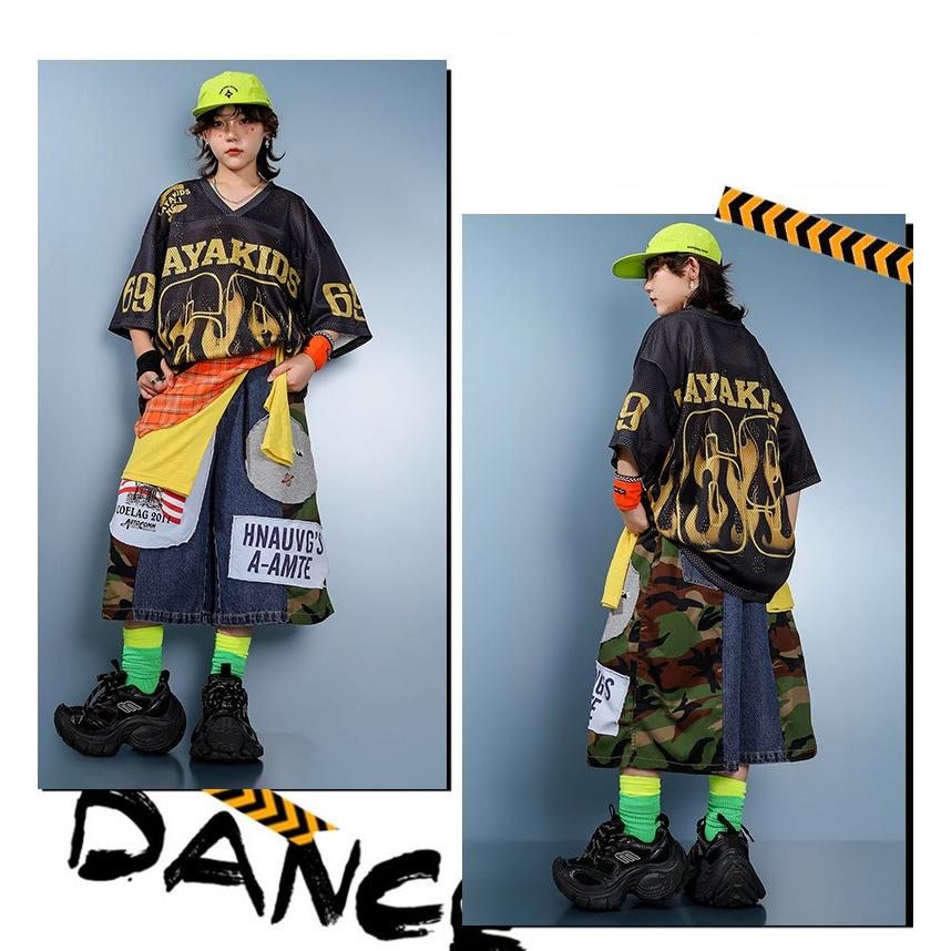 キッズダンス衣装 セットアップ 黒 ヒップホップ 衣装 派手 炎柄
