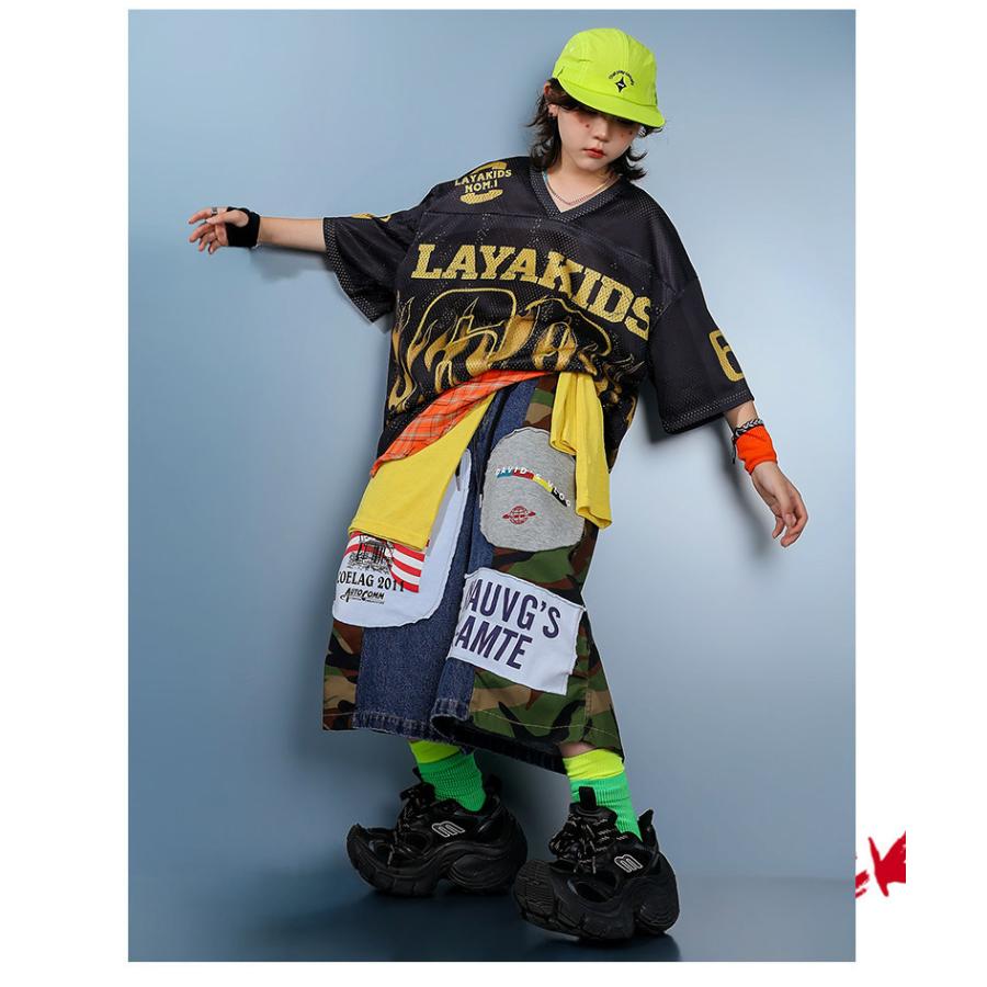 キッズダンス衣装 セットアップ 黒 ヒップホップ 衣装 派手 炎柄