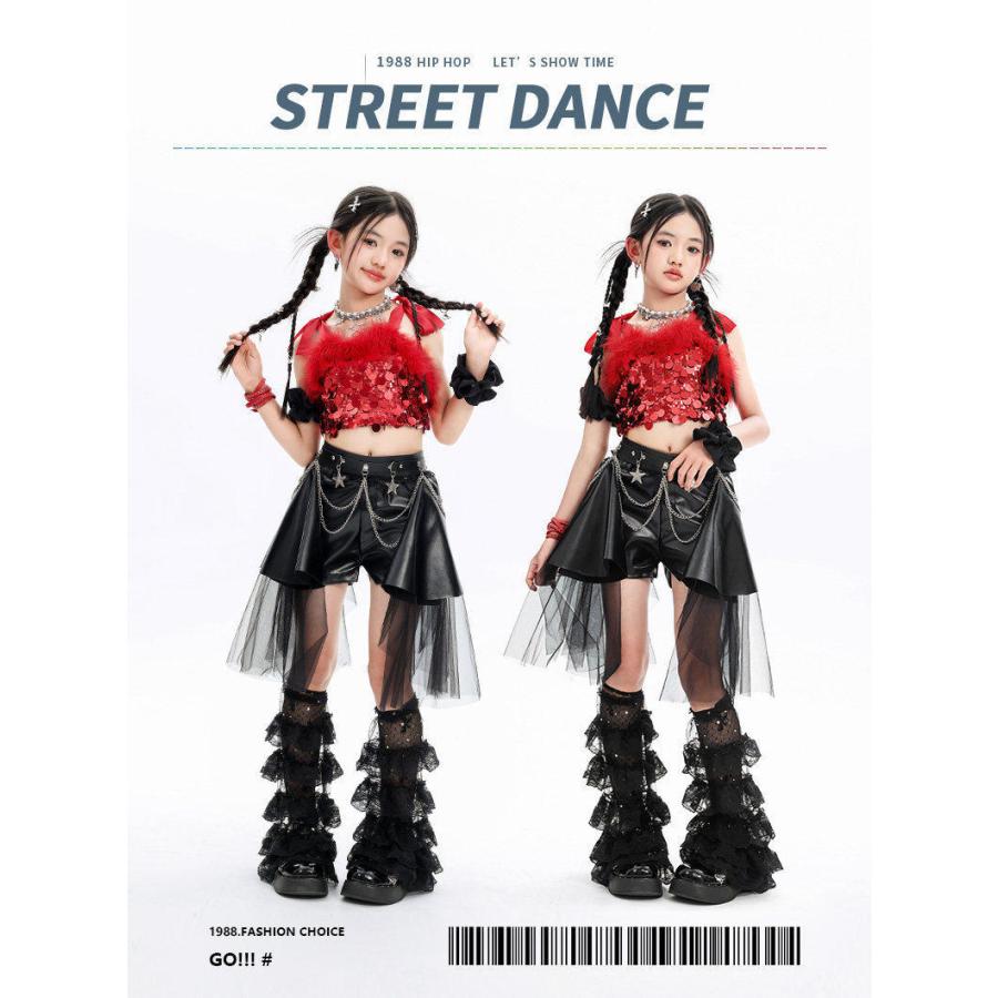 キッズダンス衣装 セットアップ ヒップホップ 衣装 赤 黒 スパンコール メタリック キラキラ衣装 派手 男の子 ガールズ ダンス衣装 キッズ K-POP 韓国の画像