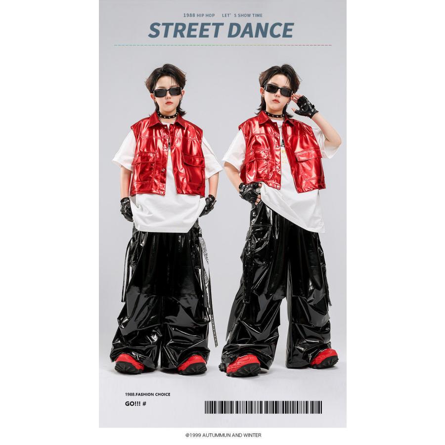 キッズダンス衣装 セットアップ ヒップホップ 衣装 赤 黒 スパンコール メタリック キラキラ衣装 派手 男の子 ガールズ ダンス衣装 キッズ K-POP 韓国の画像