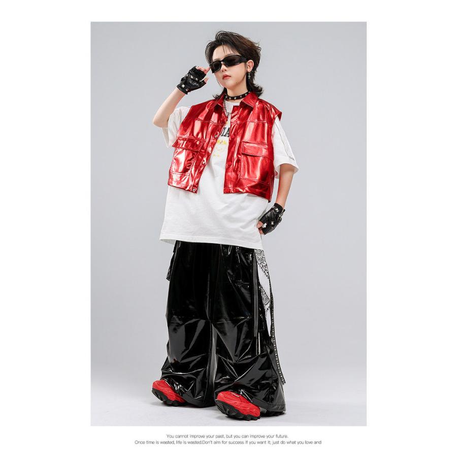 キッズダンス衣装 セットアップ ヒップホップ 衣装 赤 黒 スパンコール メタリック キラキラ衣装 派手 男の子 ガールズ ダンス衣装 キッズ K-POP 韓国の画像