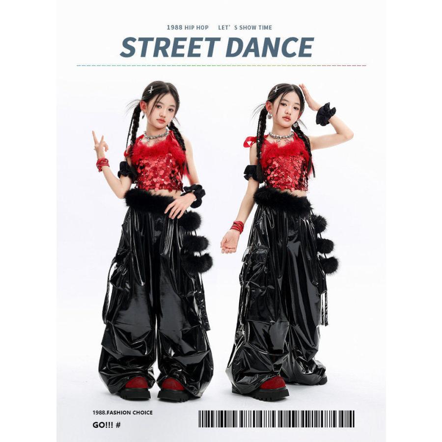 キッズダンス衣装 セットアップ ヒップホップ 衣装 赤 黒 スパンコール メタリック キラキラ衣装 派手 男の子 ガールズ ダンス衣装 キッズ K-POP 韓国の画像