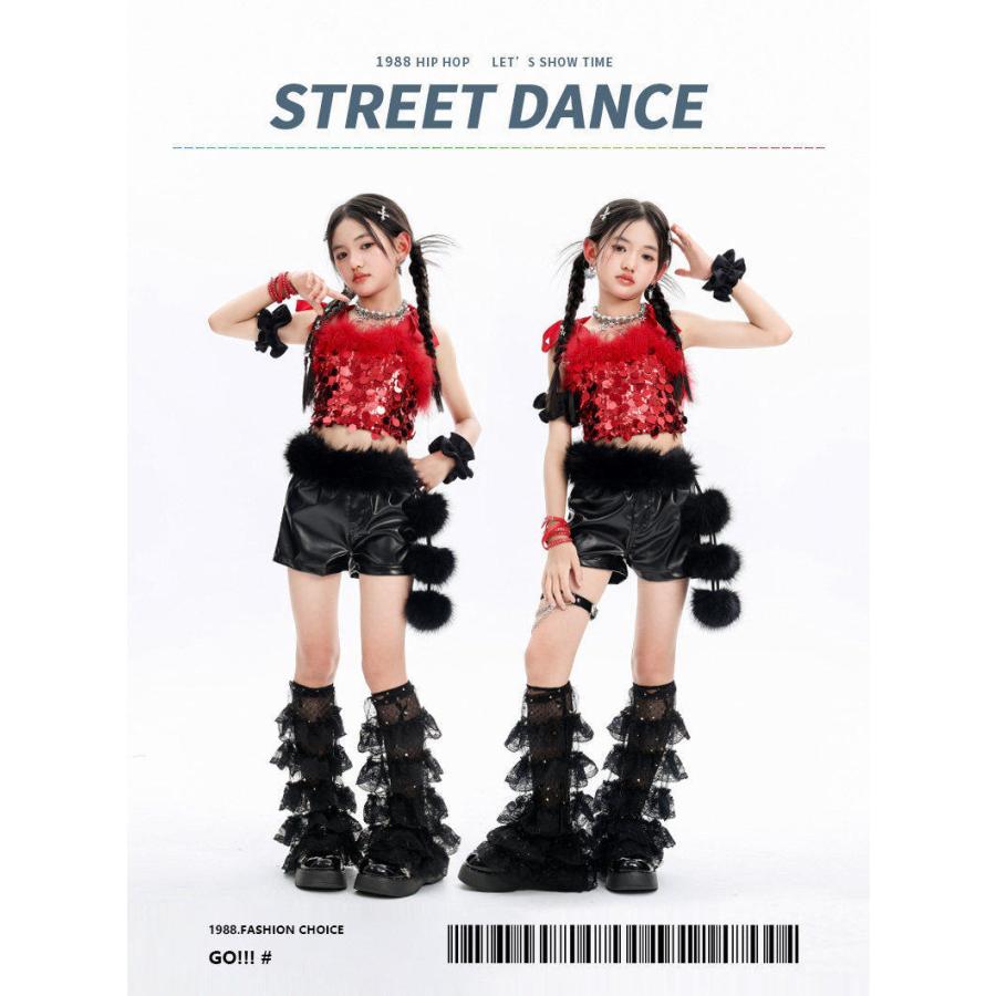 キッズダンス衣装 セットアップ ヒップホップ 衣装 赤 黒 スパンコール メタリック キラキラ衣装 派手 男の子 ガールズ ダンス衣装 キッズ K-POP 韓国の画像