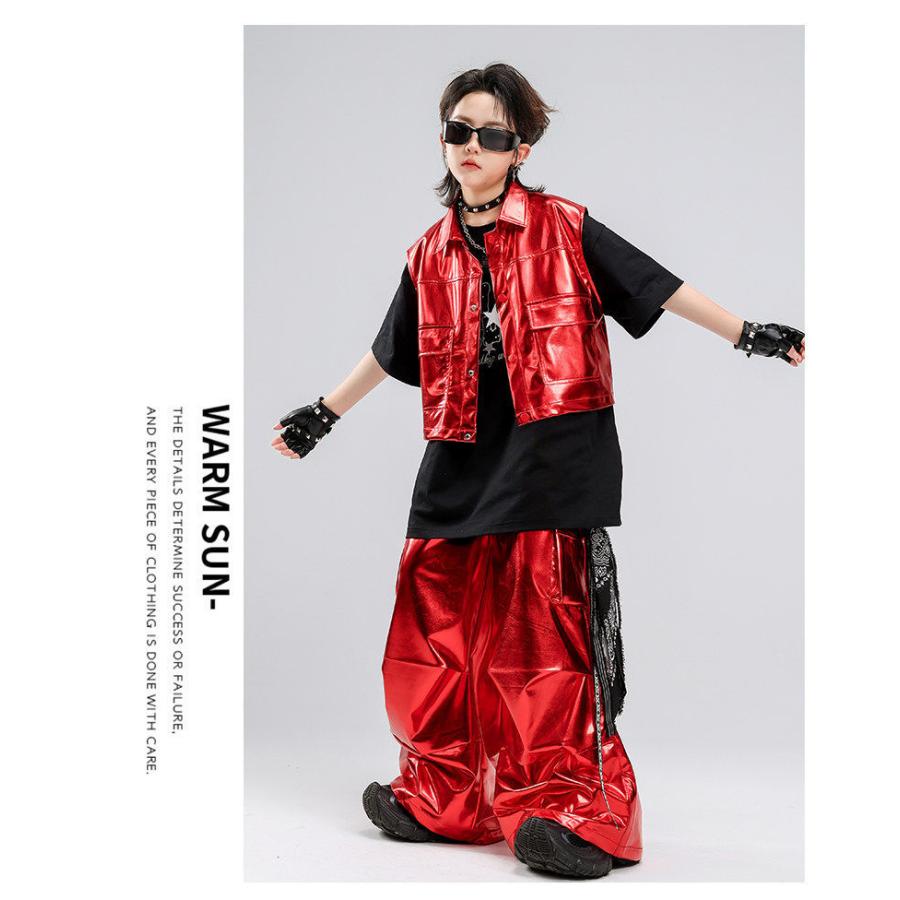 キッズダンス衣装 セットアップ ヒップホップ 衣装 赤 黒 スパンコール